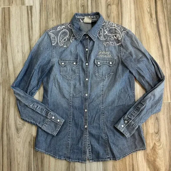 Harley Davidson Shirt Adult M Blue Denim Pearl Snap Rodeo Western Biker Womens - Picture 1 of 7